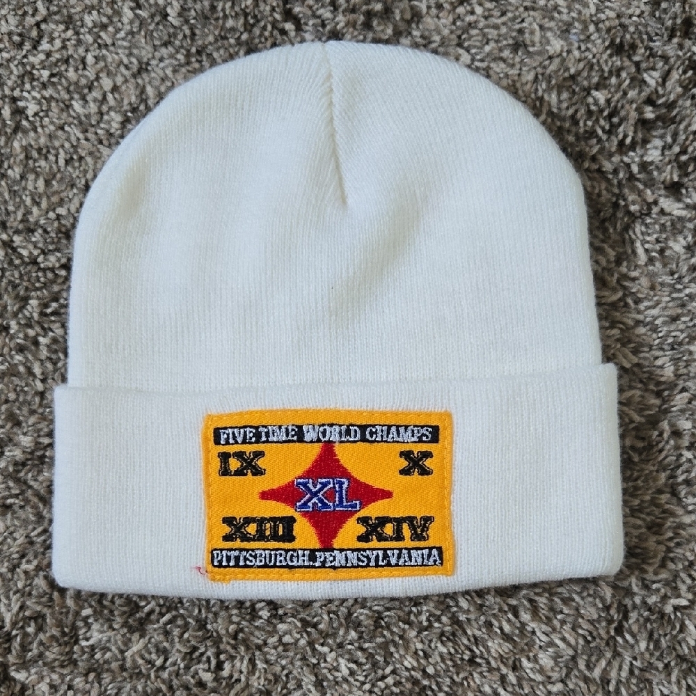 Vintage White Steelers Beanie with "Five Time World Champ" Patch Size Large